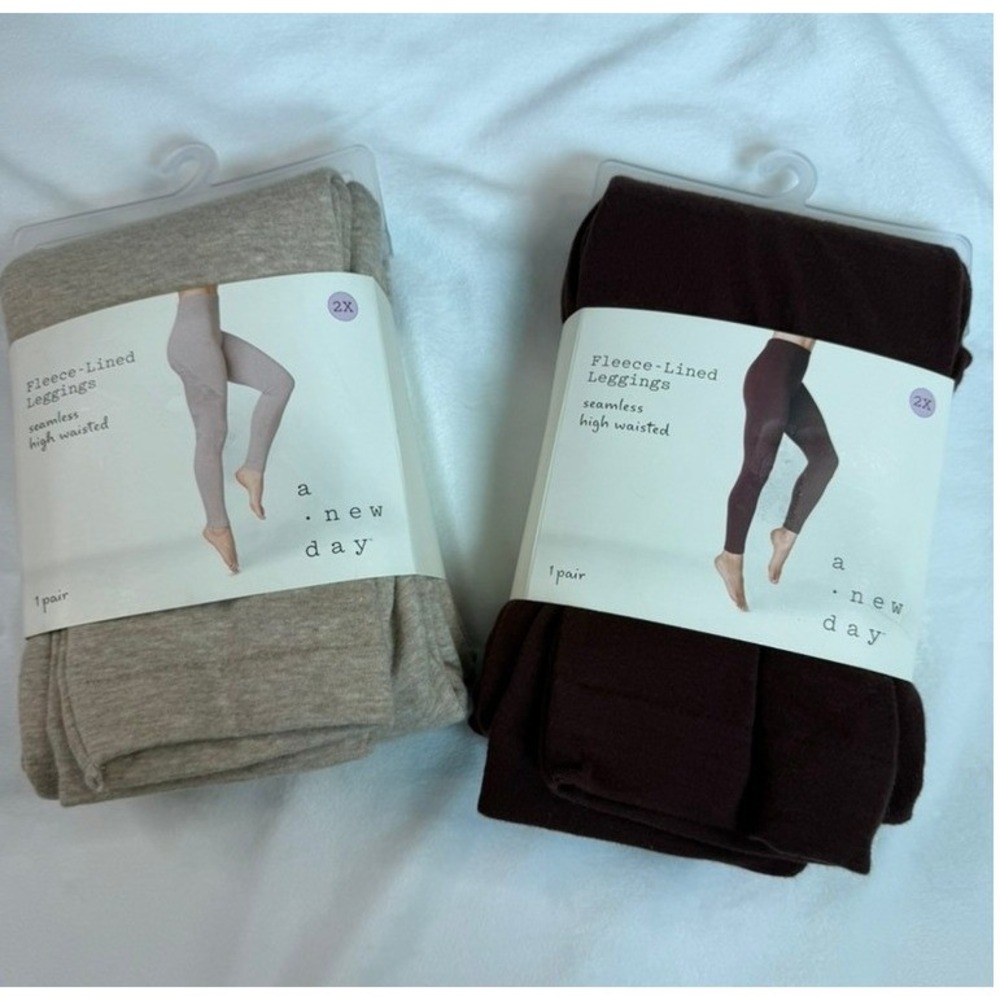 A New Day Womens 2X Fleece-Lined Leggings Bundle Heather Oatmeal Brown 2 Pairs